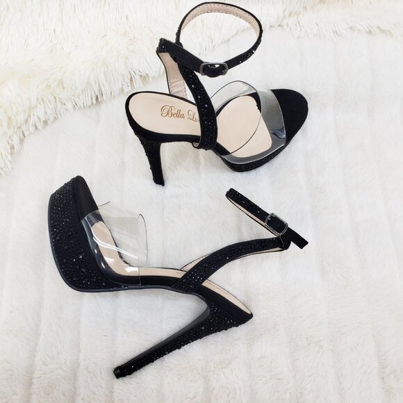 Black rhinestone high heel shoes clear toe strap - Picture 2 of 12